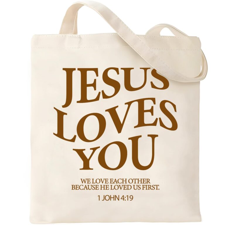 Cream-colored tote bag with "Jesus Loves You" in brown lettering