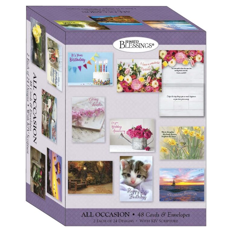 Box of all-occasion greeting cards with various designs and scripture