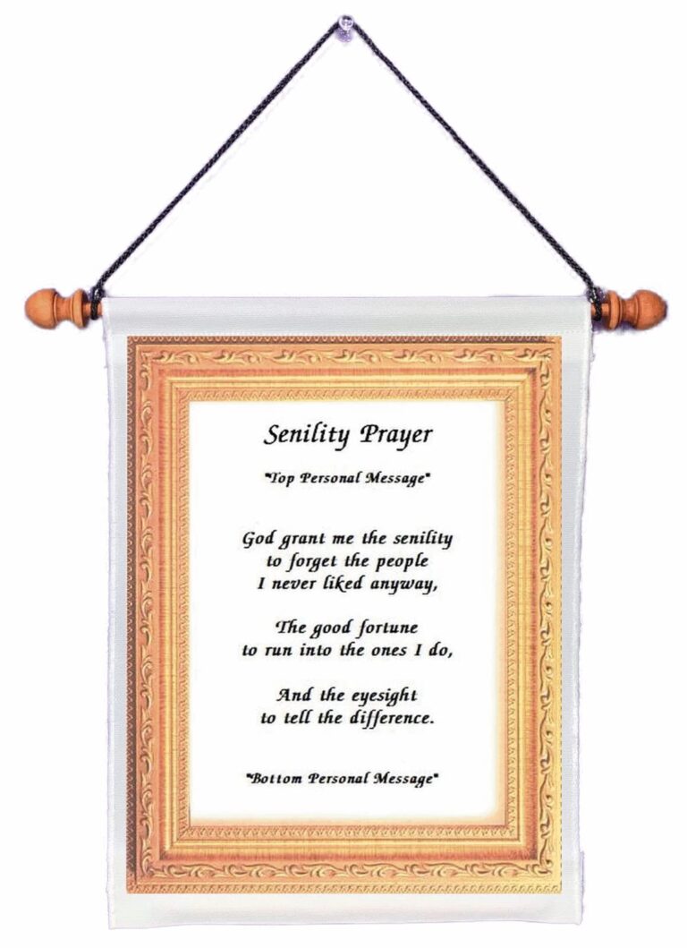 Hanging scroll with "Senility Prayer" text inside a decorative gold frame