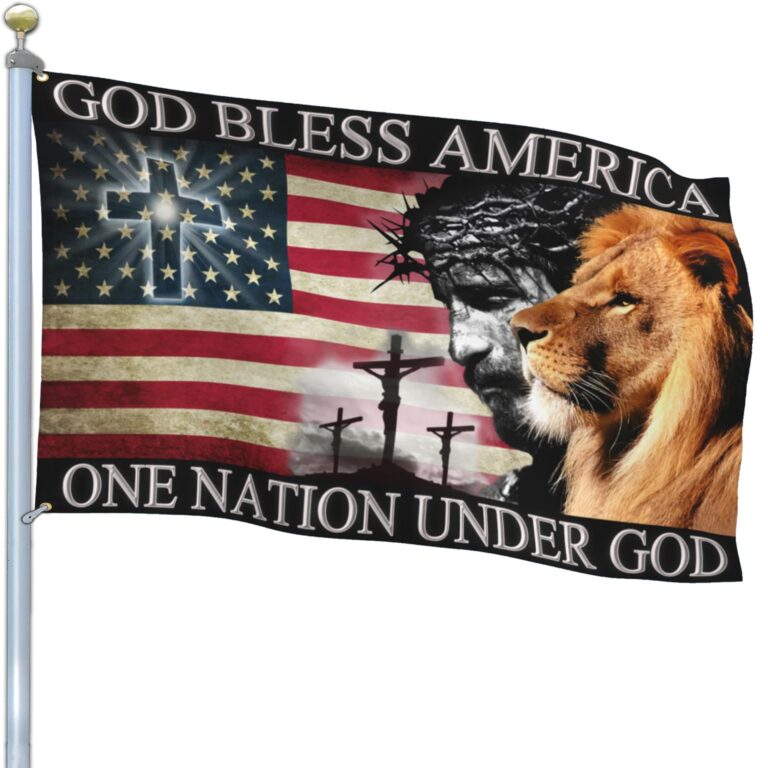 American flag with Jesus, lion, and crosses, "God Bless America"
