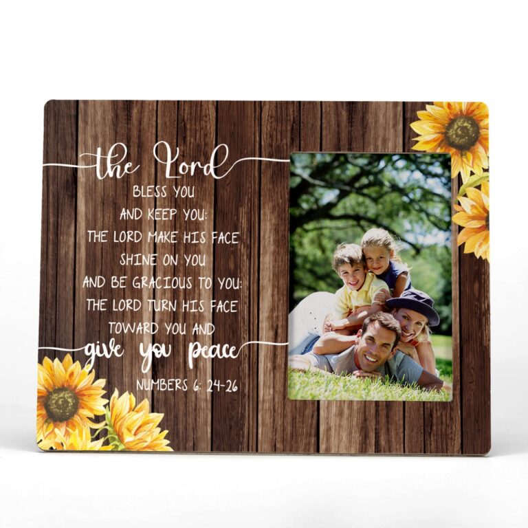Wooden picture frame with family photo, sunflowers, and Bible verse