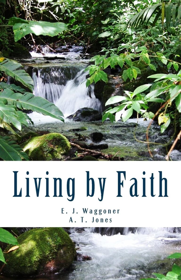 Book cover: Waterfall in lush green forest, title "Living by Faith."