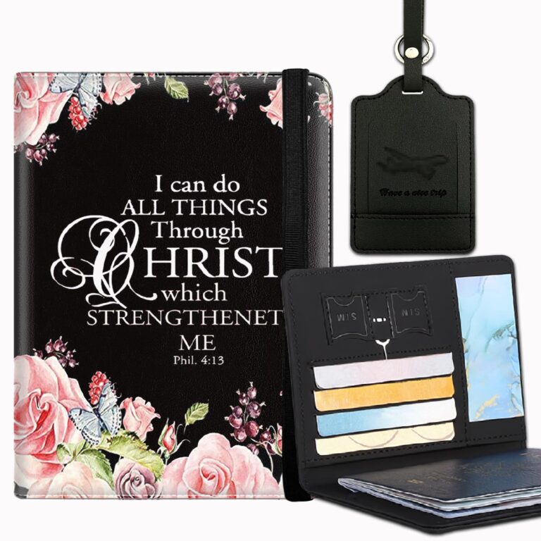 Black Bible, passport holder, and luggage tag with floral design and text