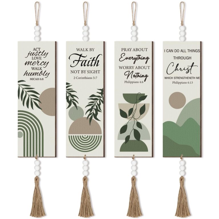 Four decorative wooden signs with inspirational quotes and abstract designs
