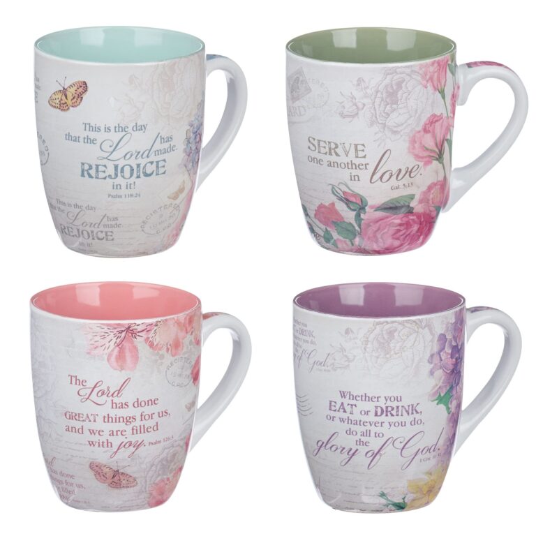 Four floral mugs with scripture verses, different colors inside