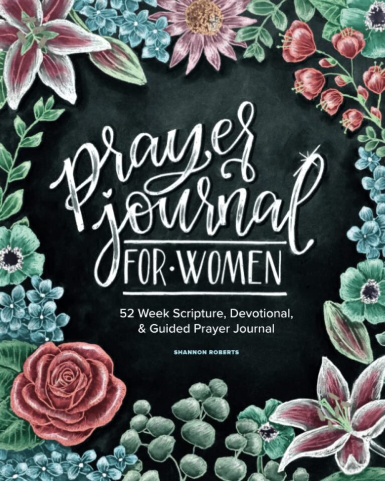 Prayer journal for women with floral border, chalkboard background, and script lettering