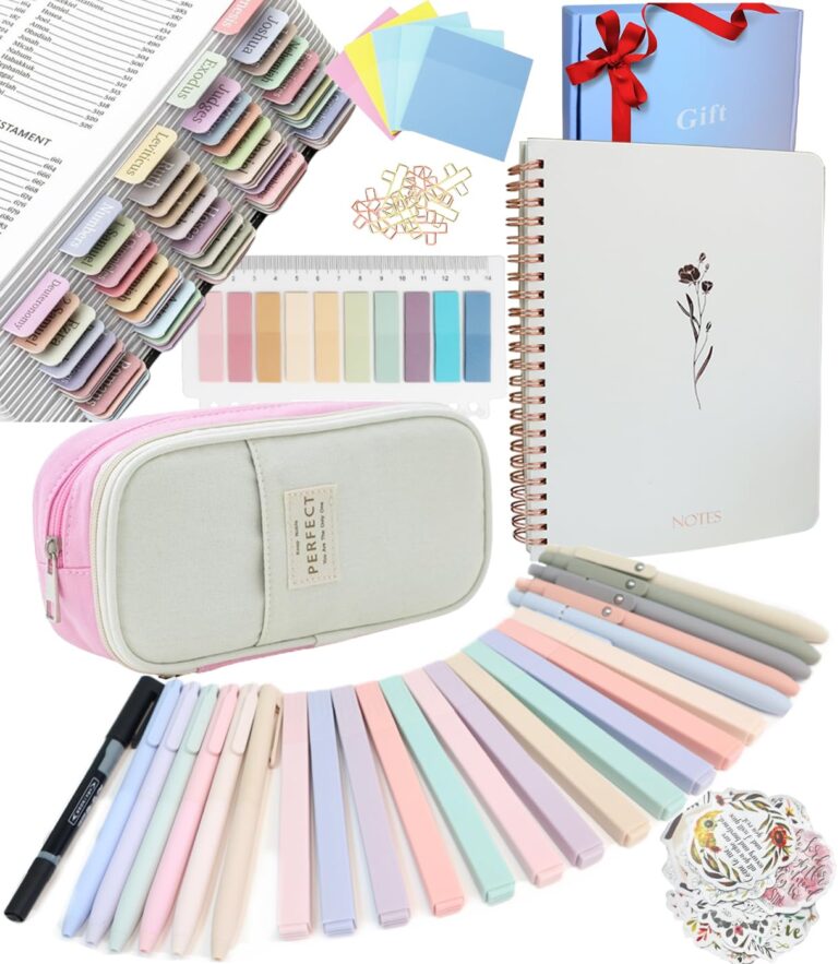 Stationery set including Bible tabs, pens, notebook, pencil case, stickers, and sticky notes