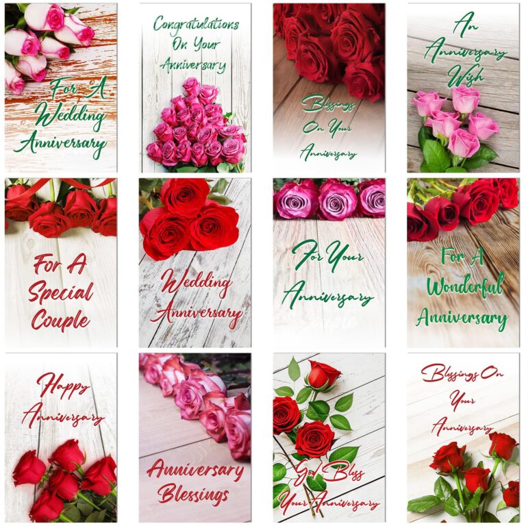 Anniversary cards with roses, various messages, and wooden backgrounds