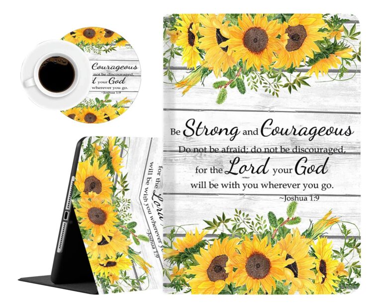 Sunflower-themed Bible verse on a coaster, tablet case, and decorative print