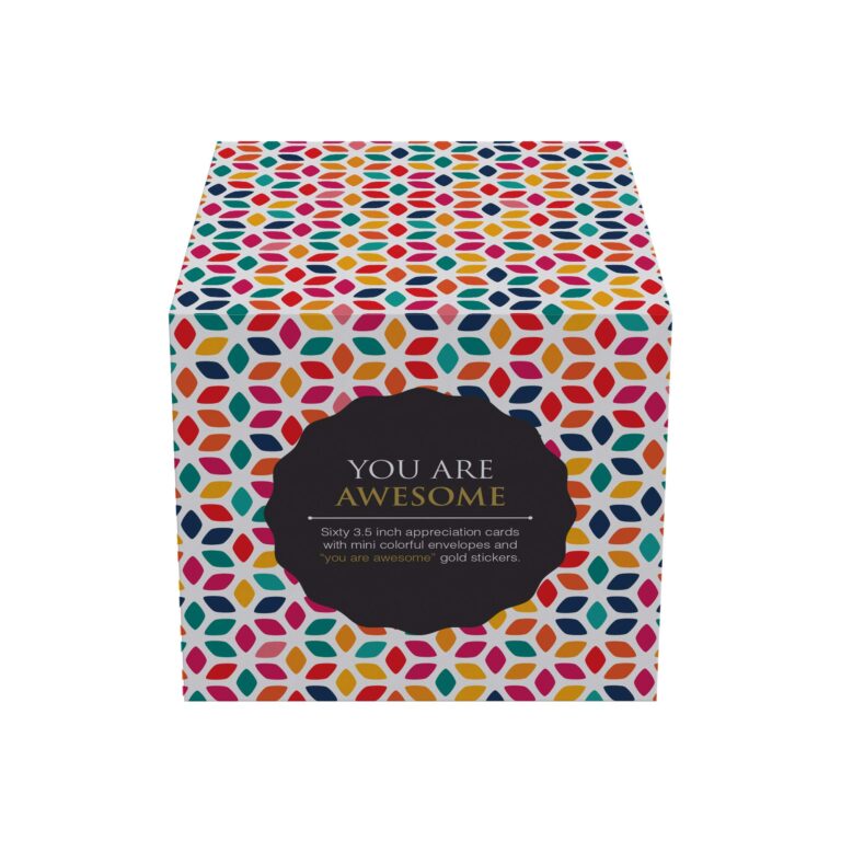 Box of "You Are Awesome" appreciation cards with colorful geometric pattern