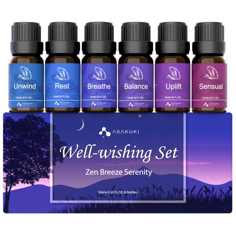 Six essential oil bottles labeled "Unwind" to "Sensual" on a gift set box