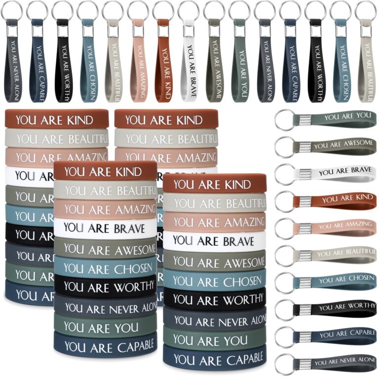 Keychains and bracelets with positive affirmations like "You Are Kind"