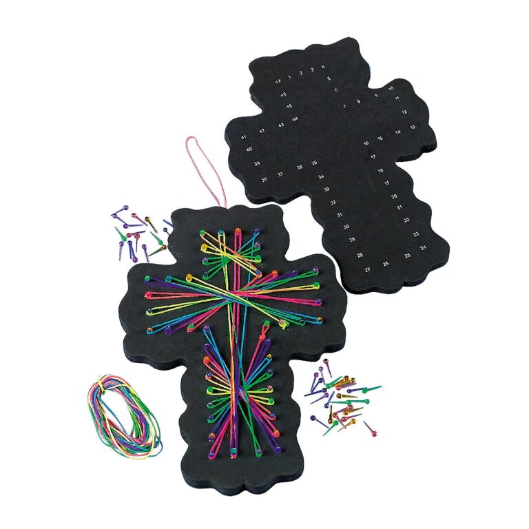 Cross-shaped string art kit with colorful string, pins, and numbered outlines