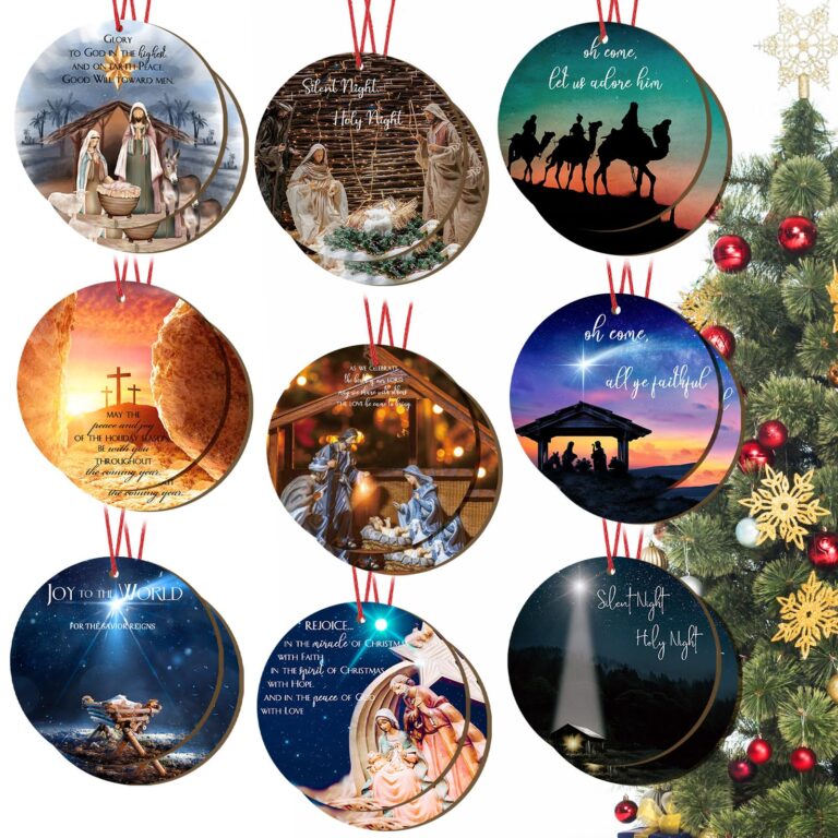 Christmas tree ornaments with religious scenes and text, hanging on a decorated tree