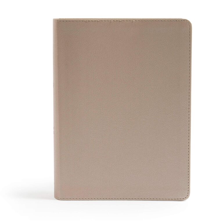 Tan leather book cover with stitched edges, standing upright on white background