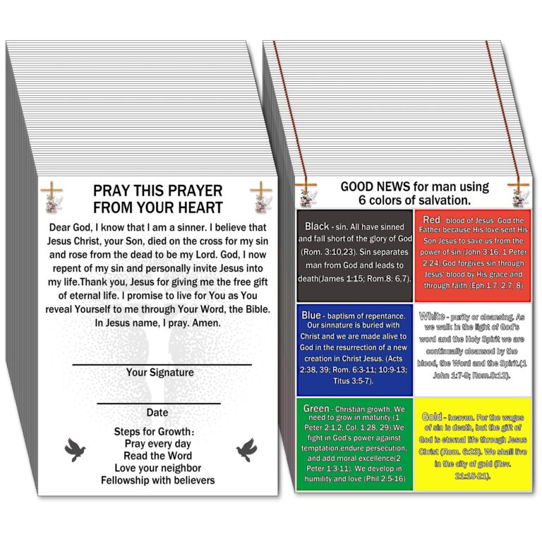 Stack of cards with a prayer and "Good News" with salvation colors