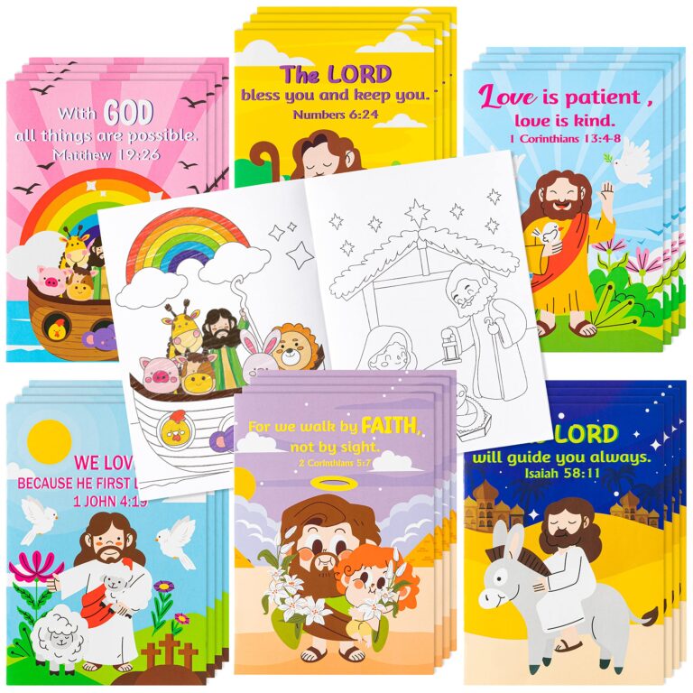 Children's Bible coloring books with Bible verses and cartoon illustrations