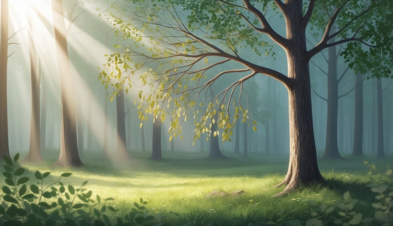 A lone tree shedding leaves in a tranquil forest clearing, surrounded by soft rays of sunlight filtering through the branches