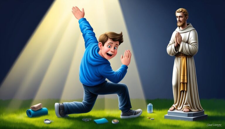 Cartoon boy lunging with statue of praying man in background