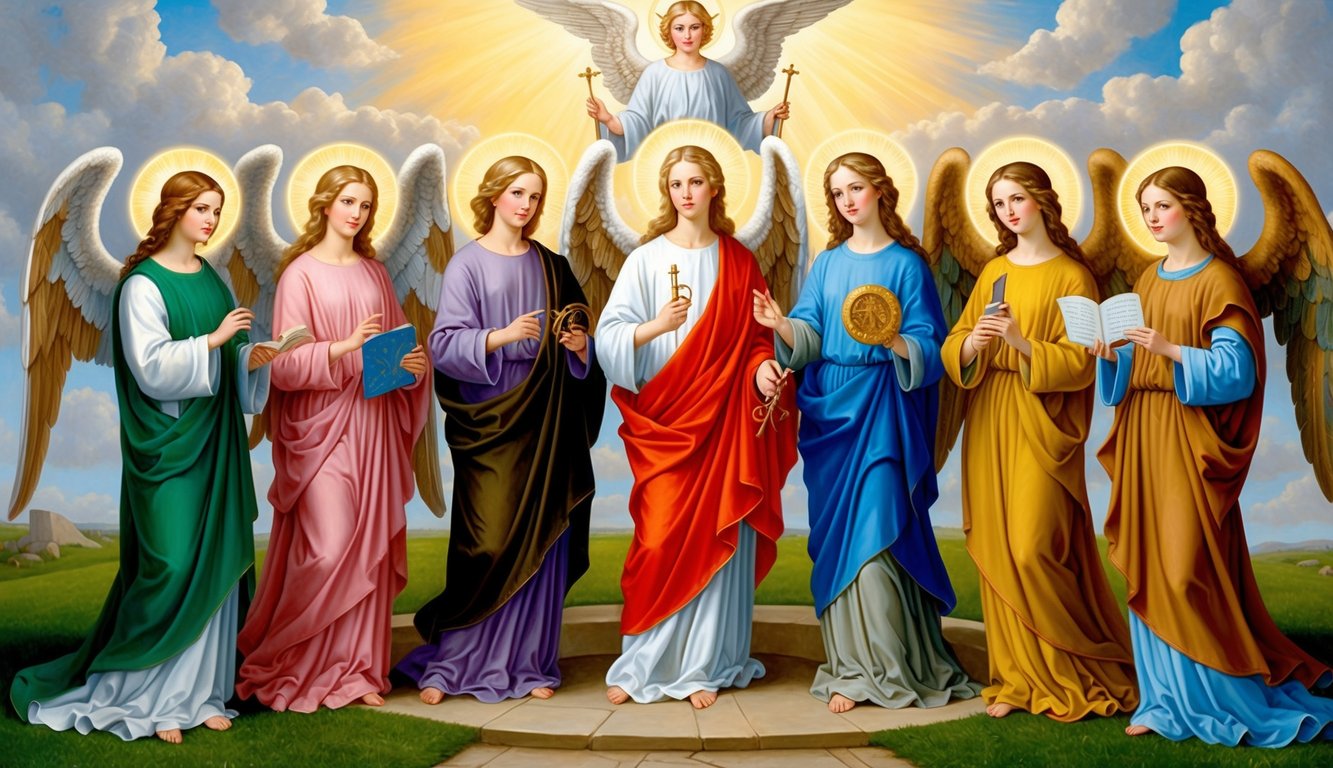 A group of biblically accurate angels standing in a circle, each with unique wings and radiant halos, holding various symbols of their heavenly roles and responsibilities