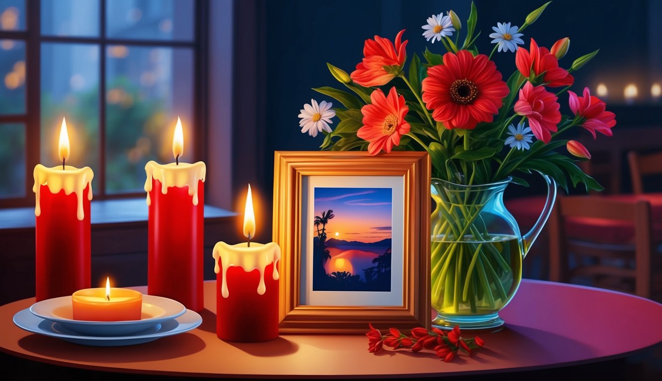 A candlelit table with flowers and a framed photo