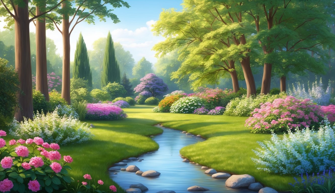 A serene garden with a gentle stream, surrounded by blooming flowers and tall trees, providing a sense of peace and comfort