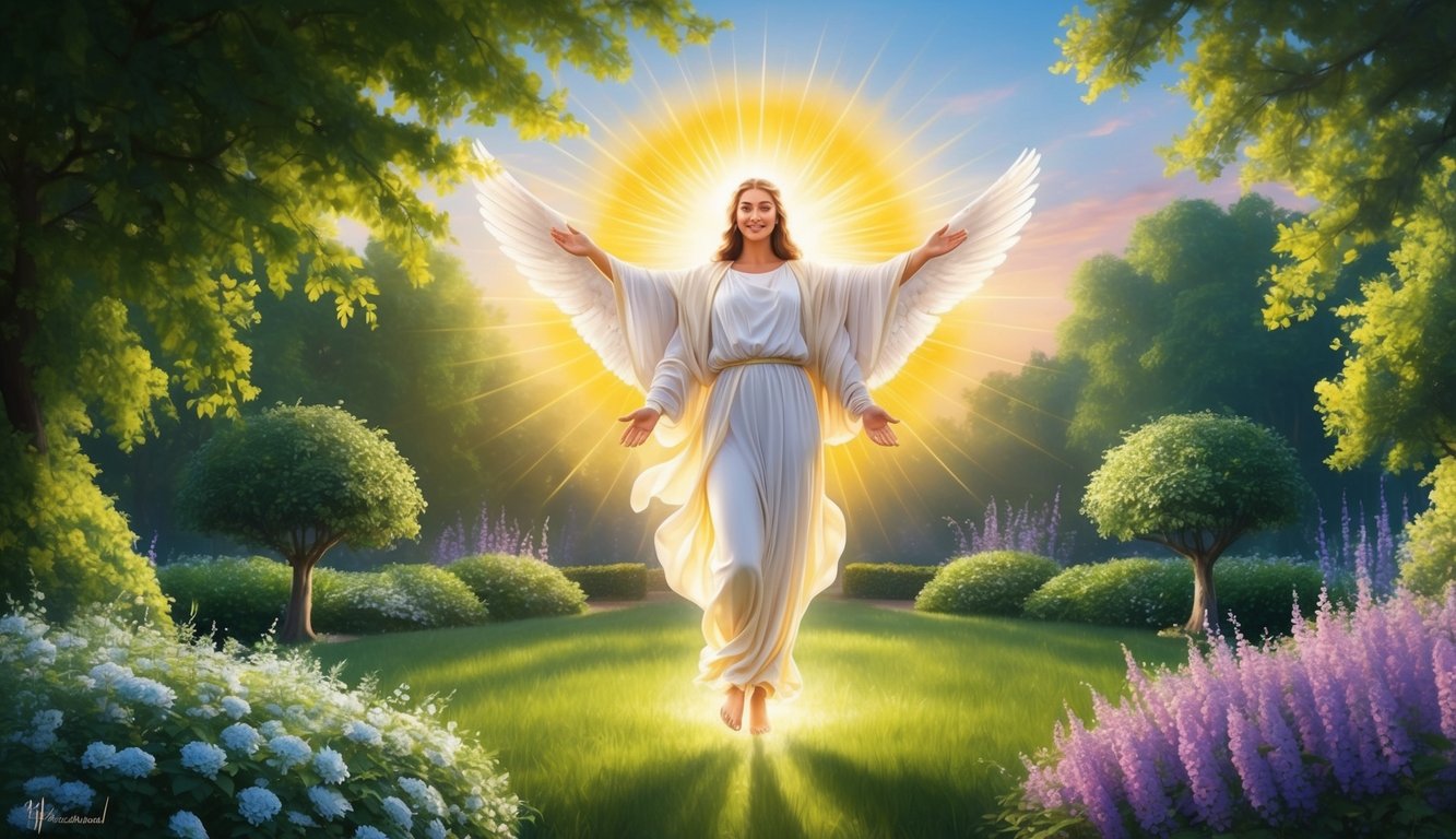 A serene garden with a radiant figure surrounded by golden light, wings outstretched, and a sense of divine presence