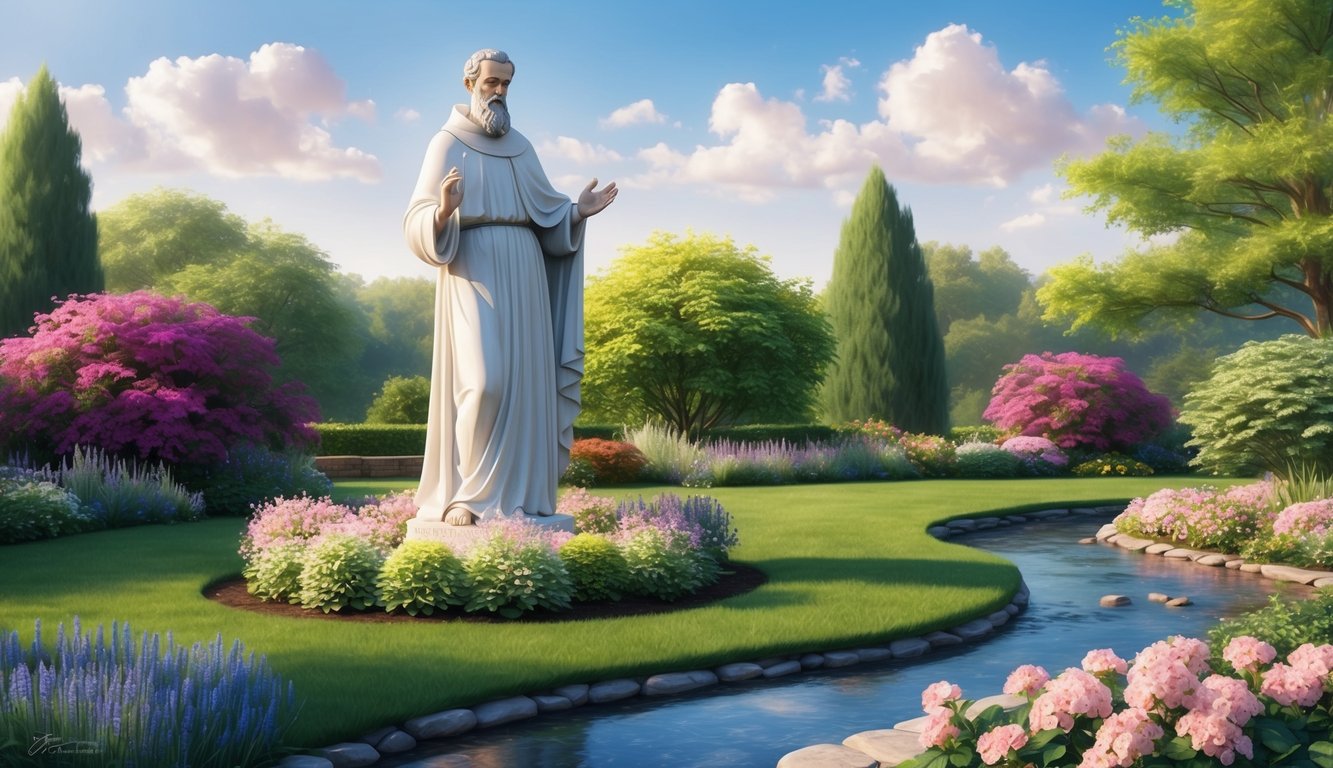 A serene garden with a statue of St. Anthony surrounded by blooming flowers and a gentle stream flowing nearby