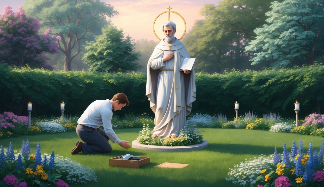 A serene garden with a statue of St. Anthony surrounded by flowers, as a person prays and searches for lost items