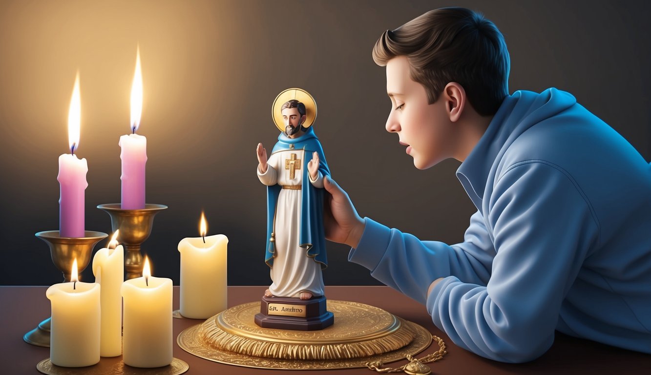 A person searching for a lost item while holding a small statue of St. Anthony, surrounded by candles and praying fervently