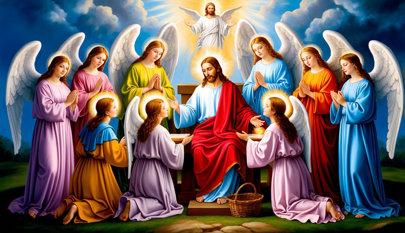 A group of angels surrounds Jesus, ministering to him and shining with divine light