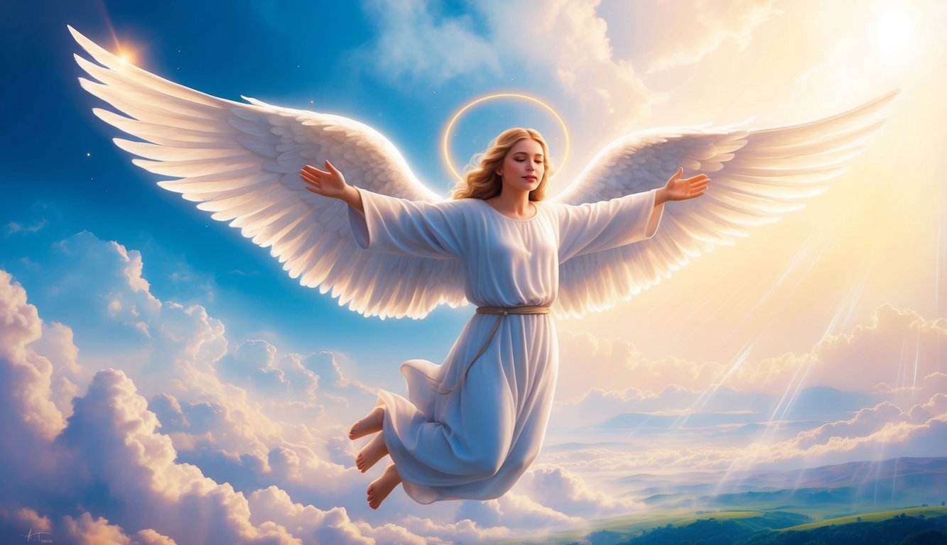 A serene angel with outstretched wings hovers above a heavenly landscape, surrounded by glowing light and a sense of divine presence