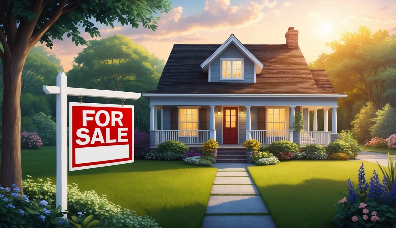 A cozy home with a "For Sale" sign in the yard, surrounded by a peaceful garden and bathed in warm sunlight