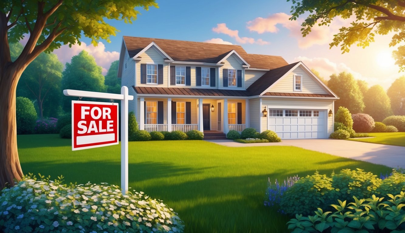 A serene home with a "For Sale" sign in the yard, surrounded by a peaceful garden and bathed in warm sunlight