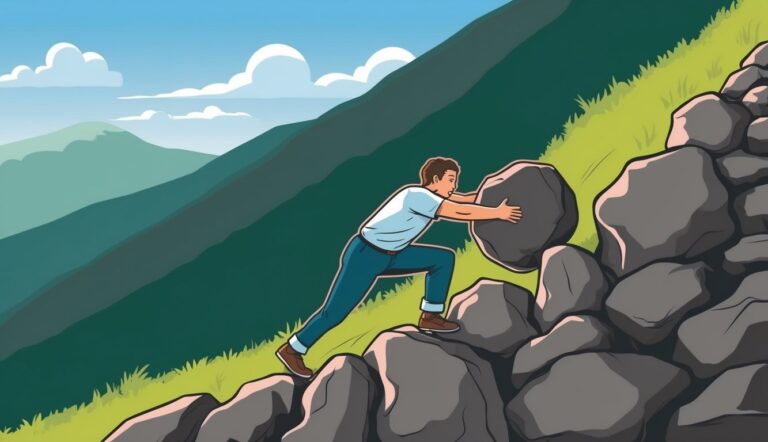 Man pushing a large rock uphill, symbolizing a challenge or struggle