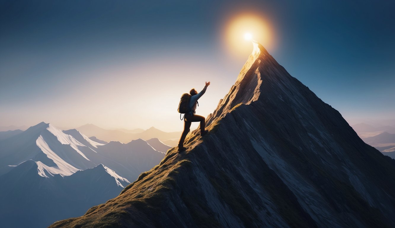 A lone figure climbs a steep mountain, reaching out to grasp a shining light at the summit