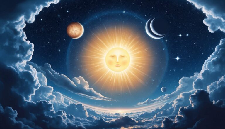 Sun with a face, surrounded by planets, moon, stars, and clouds