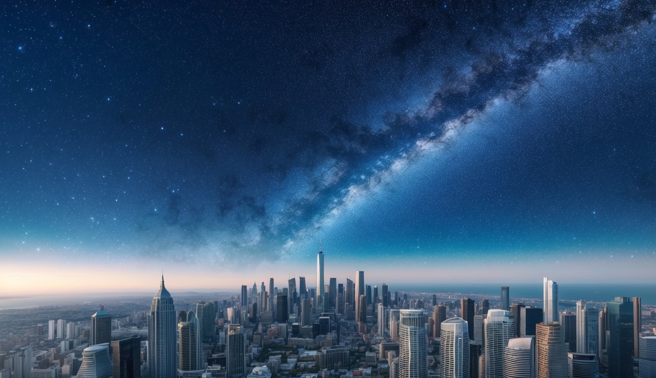 A vast, star-studded sky stretches over a modern city, with towering skyscrapers reaching towards the heavens