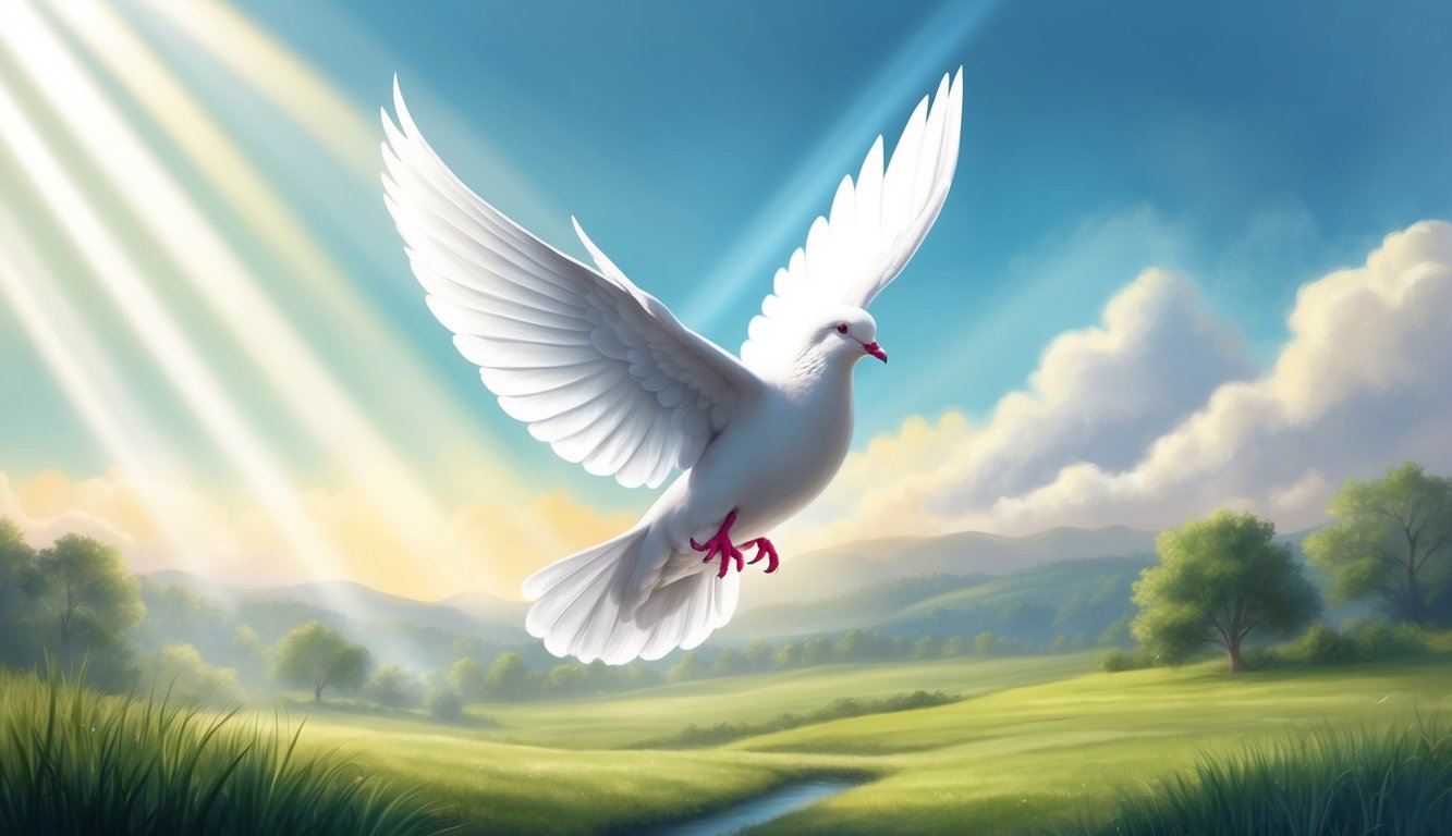 A dove hovering over a serene landscape, with rays of light shining down from the sky