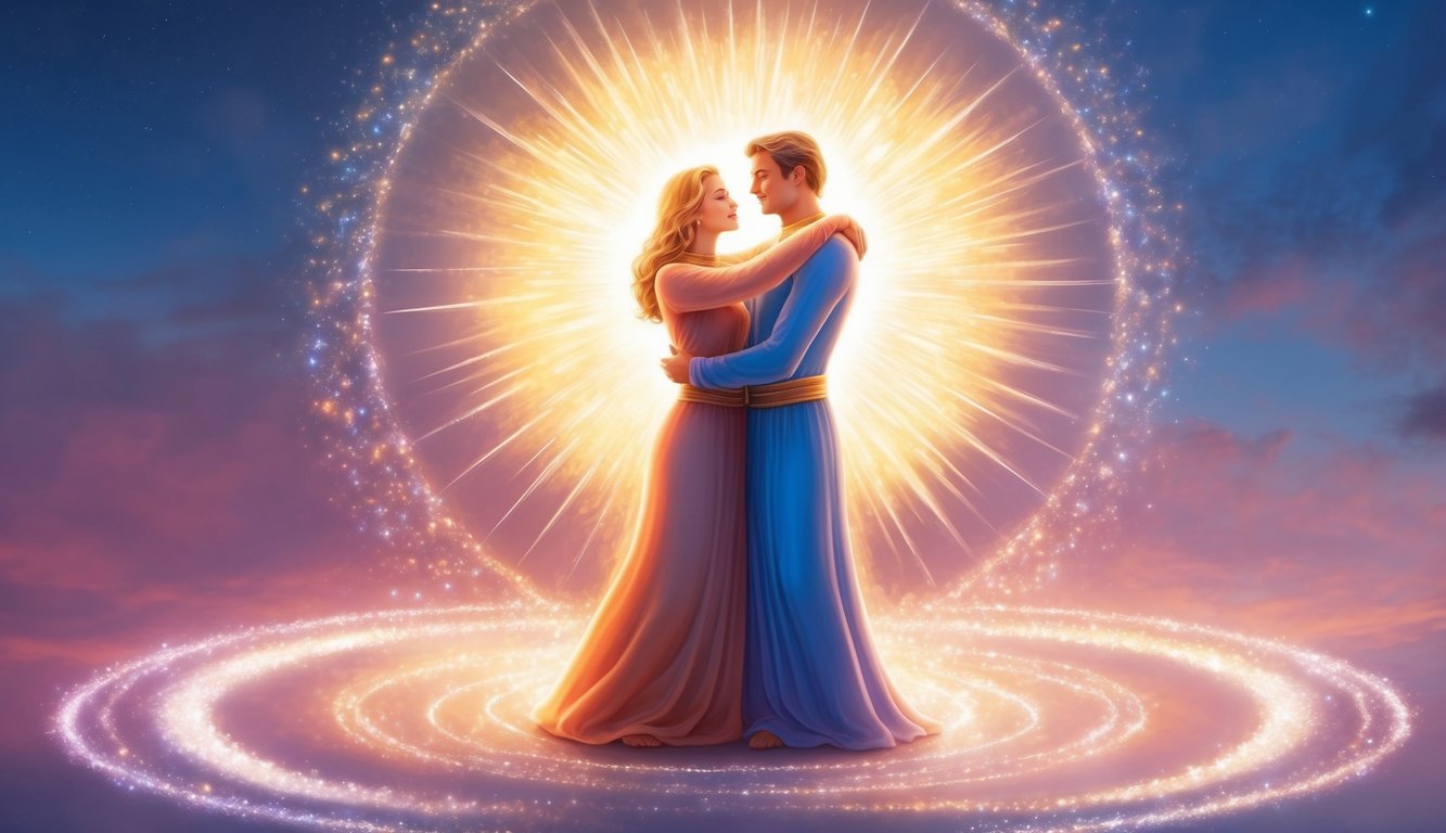 A radiant figure stands in a glowing embrace with a smaller, equally radiant figure, surrounded by a sense of love and divine connection