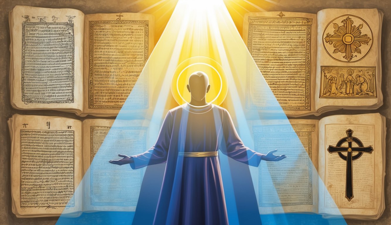 A beam of light shining down on a figure with a halo, surrounded by ancient texts and symbols of different religions