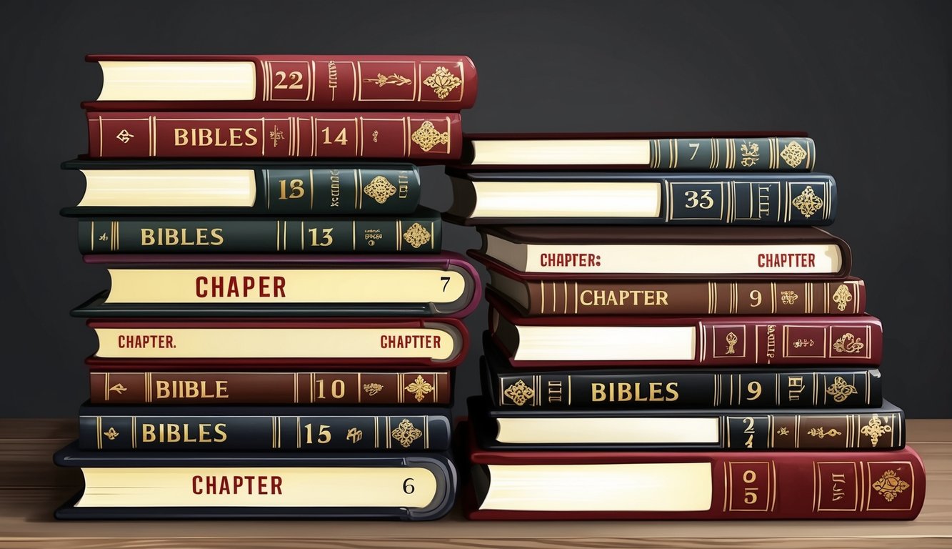 A stack of Bibles with varying chapter numbers highlighted