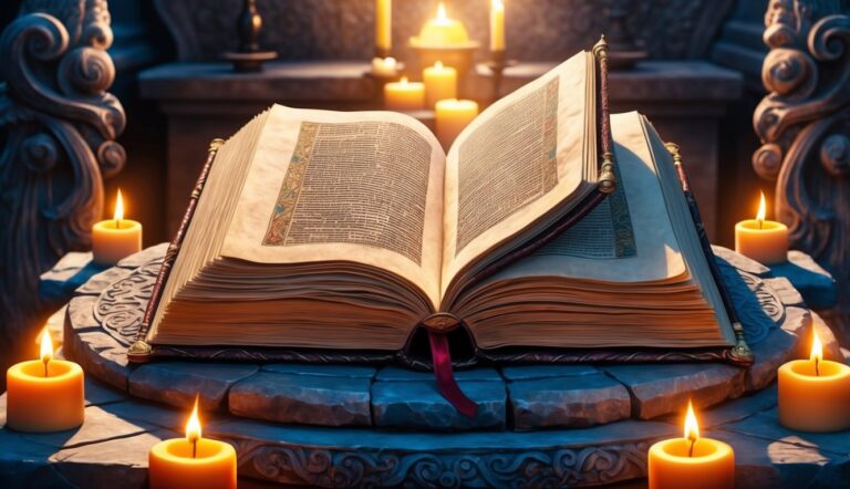Open, illuminated ancient book on a stone table surrounded by candles