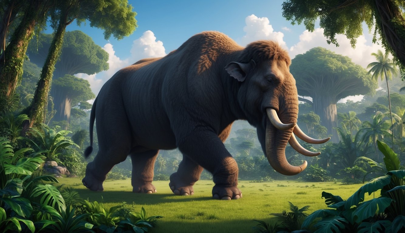 A colossal behemoth roams a lush, dense jungle, towering trees and vibrant foliage surrounding its massive form.</p><p>The behemoth peacefully grazes on the abundant vegetation, its powerful presence dominating the serene landscape