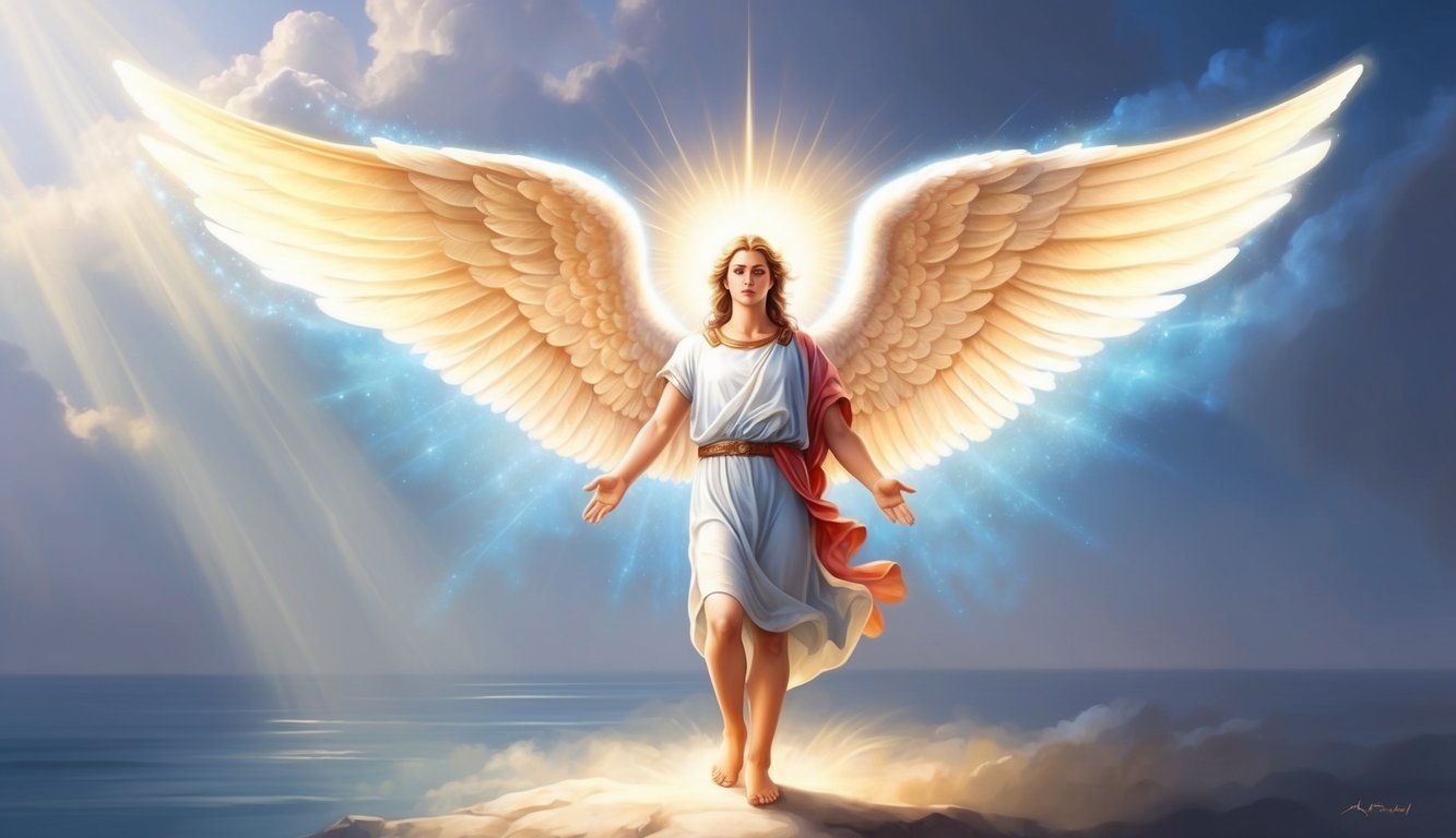 Archangel Raphael stands with glowing wings, emanating a healing light, surrounded by a serene and tranquil atmosphere