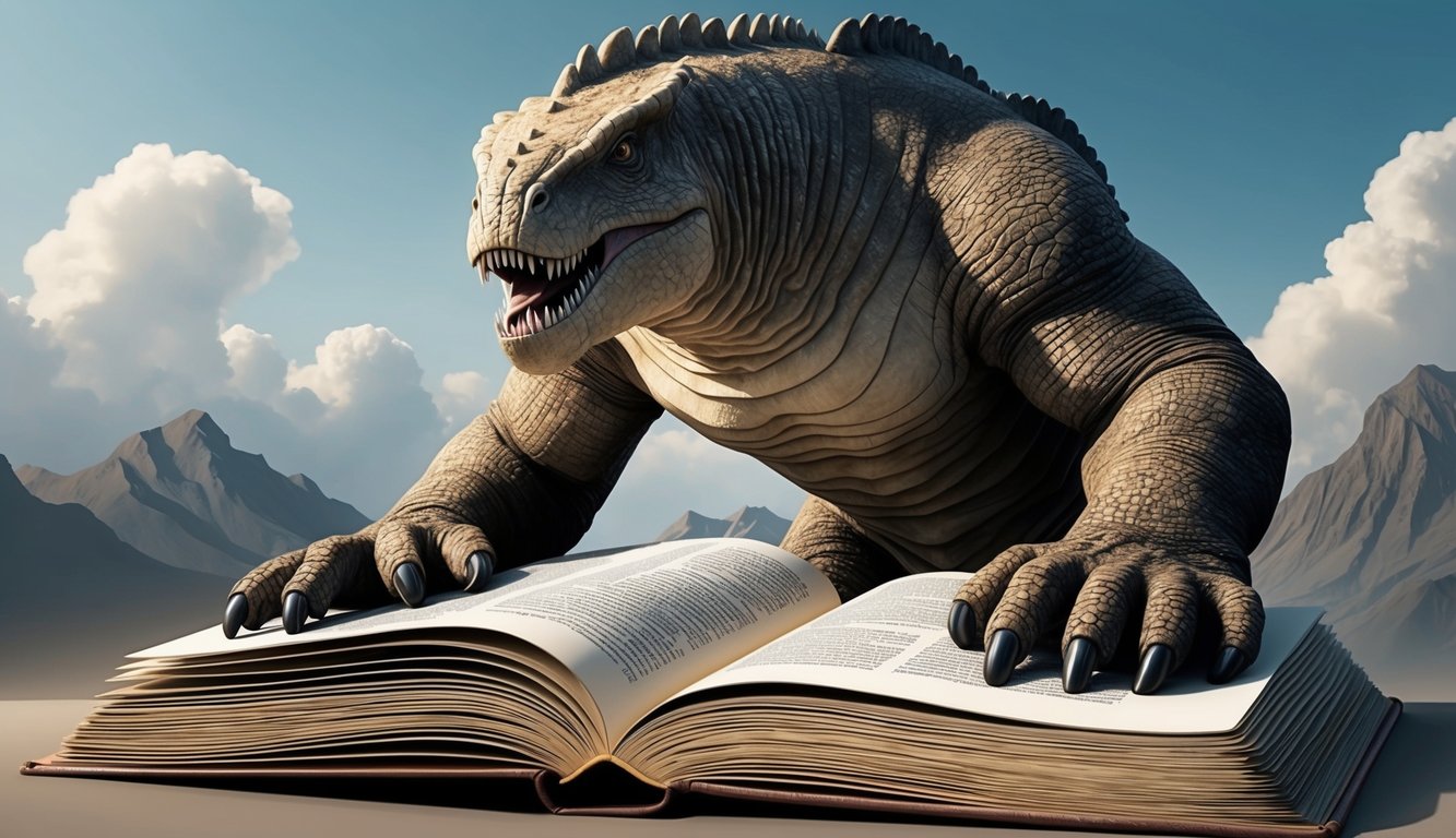 A colossal, ancient creature looms over a massive, open book, symbolizing the weight and significance of historical interpretations and representations