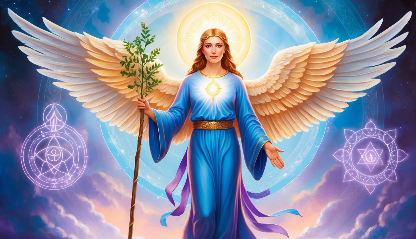 A radiant figure with outstretched wings and a glowing halo, holding a staff and a healing plant, surrounded by protective symbols and celestial imagery