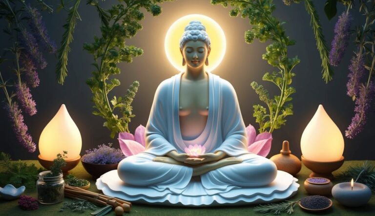 Meditating Buddha statue with halo, lotus, and aromatherapy elements