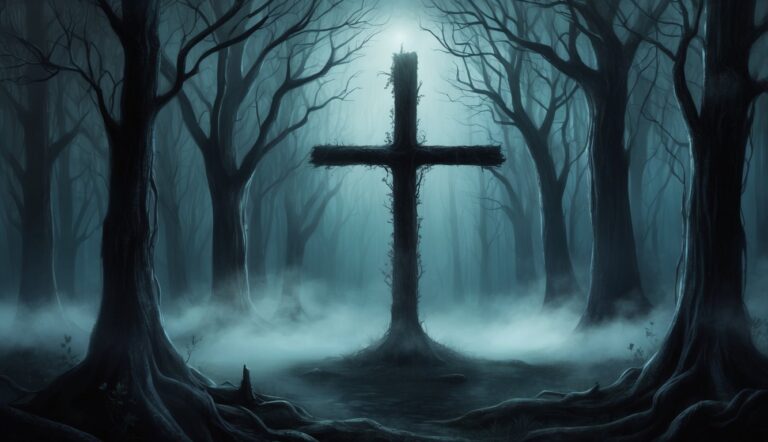 Large cross in a misty forest with bare trees