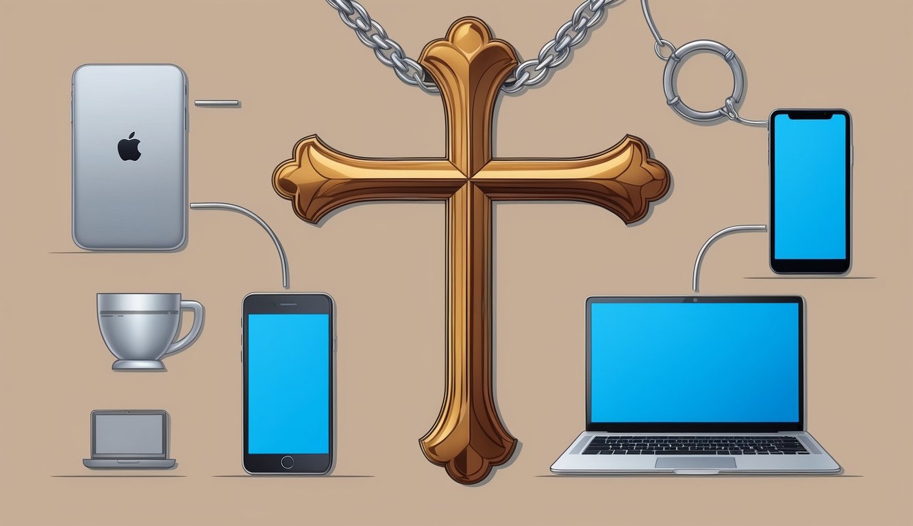 An upside down cross hanging from a chain, surrounded by modern objects with symbolic meanings such as a smartphone and a laptop